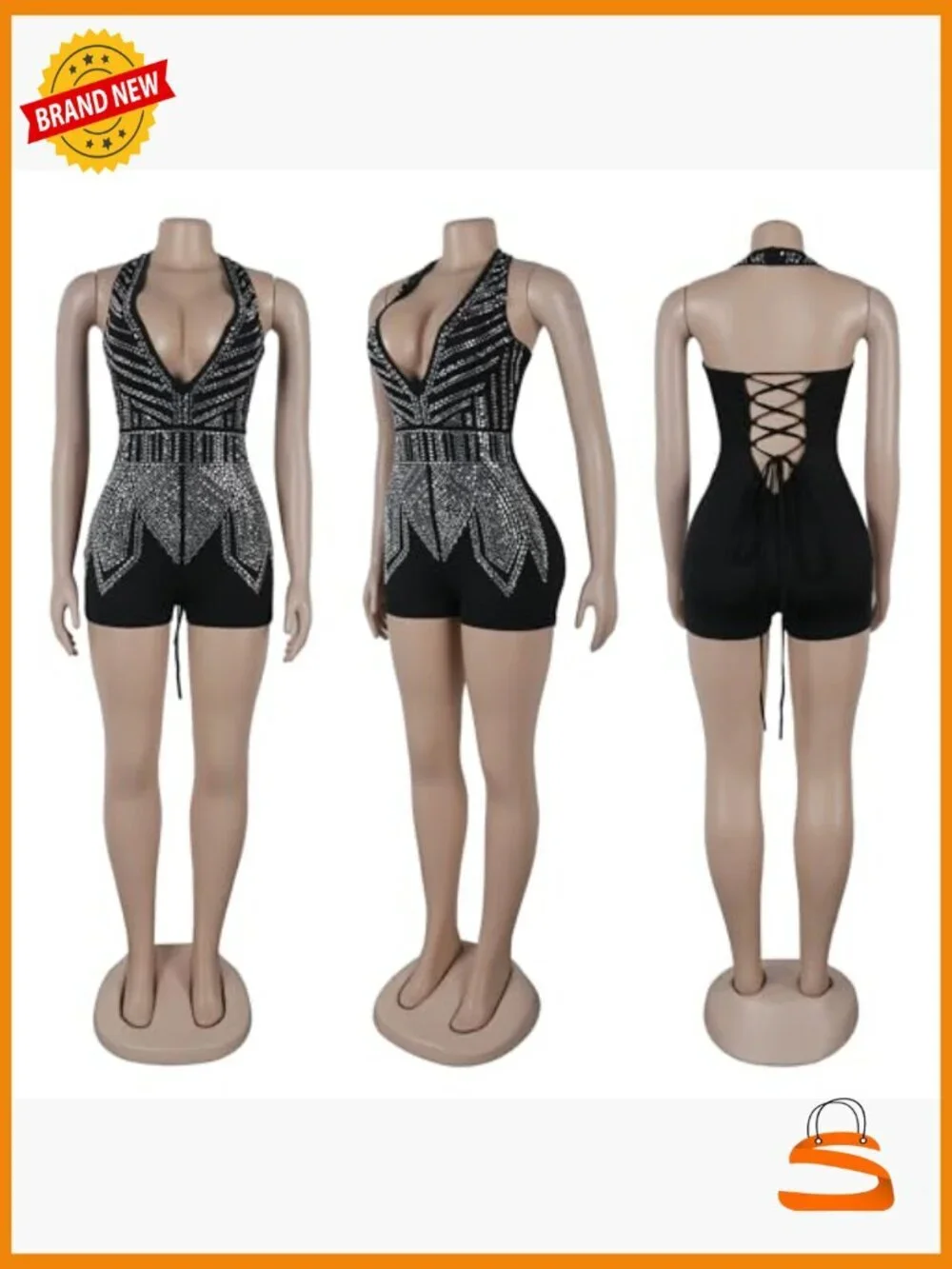 Sexy Rhinestone Halter Deep V Neck Romper Jumpsuit Sleeveless Party